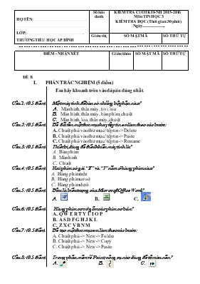 Kiểm tra cuối kì I - Năm học 2015 - 2016 môn Tin học 3 - Kiểm tra đọc